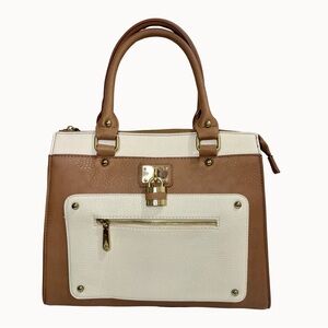 Tan, White and Gold Lock Handbag Tote Purse 👜